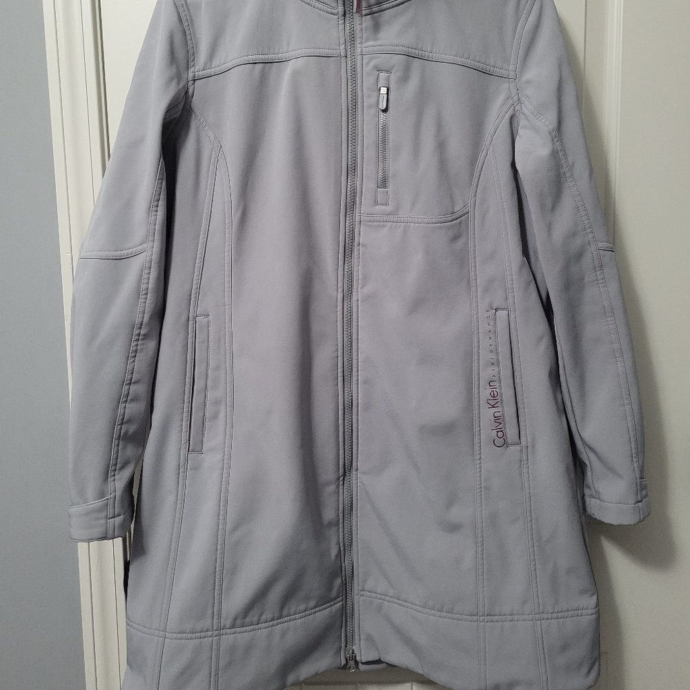 Calvin Klein Womens long Gray Jacket Smooth Material Size Large